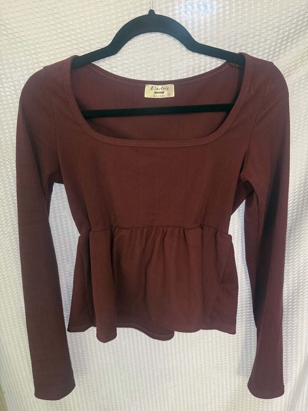 Electric Behaviour Maroon Ribbed Square Neck Peplum Long Sleeve Top Size S